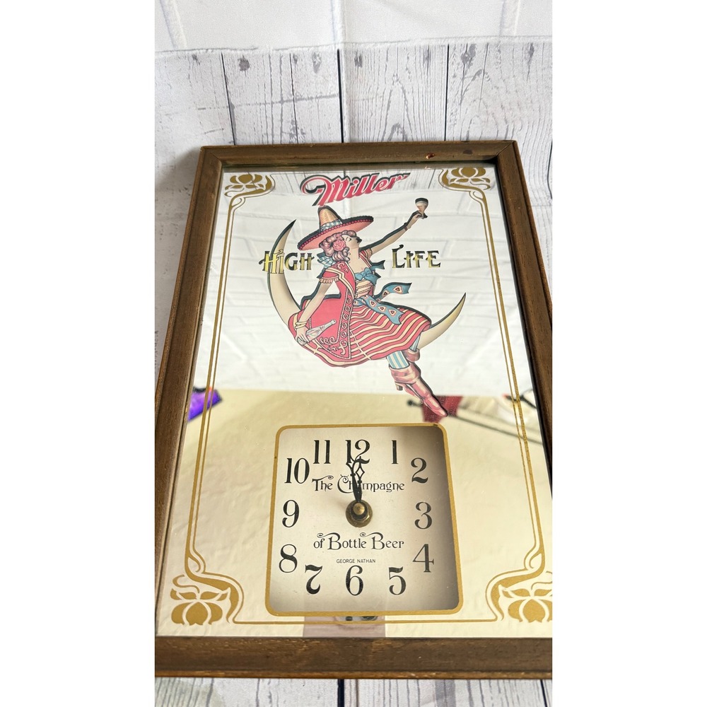 Vintage Miller High Life Girl in the Moon Mirror Clock George Nathan Beer Sign